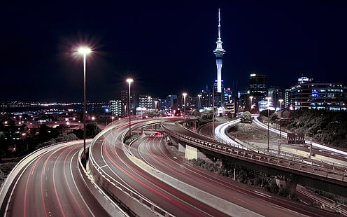 Stadt, Lichtspuren, Straße, Neuseeland, Auckland, England, HD-Hintergrundbild HD wallpaper