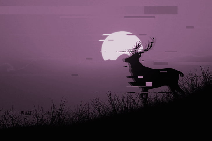 черен елен върху трева живопис, животни, луна, небе, бъг изкуство, елени, рога, трева, HD тапет