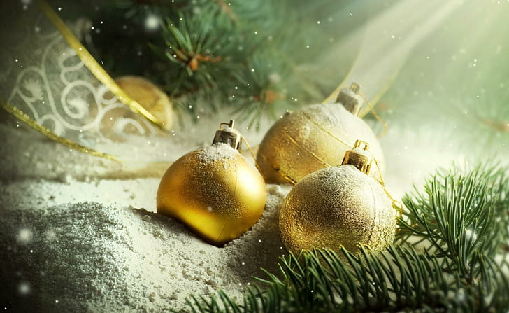 christmas decorations, balloons, gold, snow, needles, thread, three gold bauble balls, christmas decorations, balloons, gold, snow, needles, thread, HD wallpaper