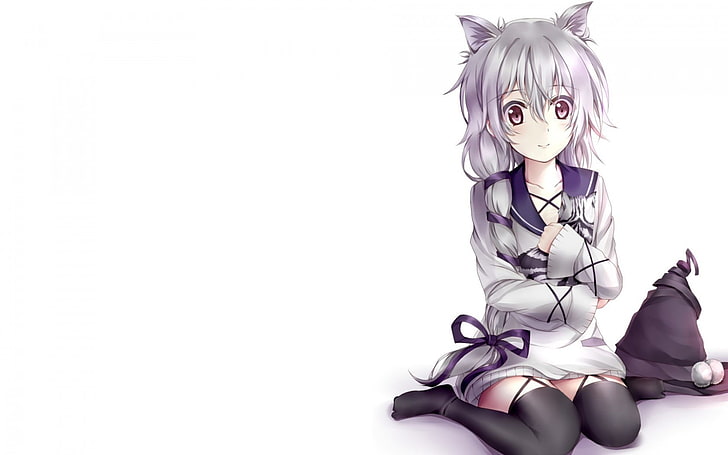 female anime character wearing white and black collared uniform while in sitting gesture, Black Bullet, Fuse Midori, anime girls, braids, animal ears, nekomimi, thigh-highs, HD wallpaper