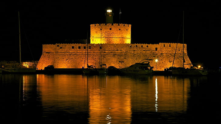 Fort Świętego Mikołaja, zdjęcie akwenu, świat, 2560x1440, Grecja, Europa, Fort Świętego Mikołaja, Rodos, Tapety HD