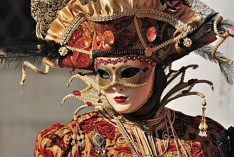 brown and white floral hat, mask, costume, Venice, carnival, HD wallpaper HD wallpaper