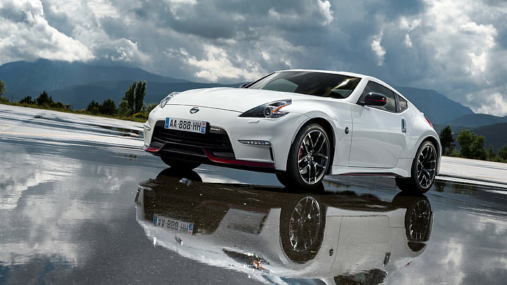white Nissan coupe on wet road during daytime, Nissan 370Z, NISMO, Fairlady Z, sports car, luxury cars, review, test drive, white, front, HD wallpaper