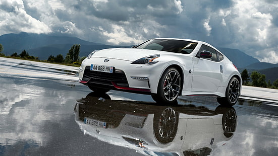 white Nissan coupe on wet road during daytime, Nissan 370Z, NISMO, Fairlady Z, sports car, luxury cars, review, test drive, white, front, HD wallpaper HD wallpaper