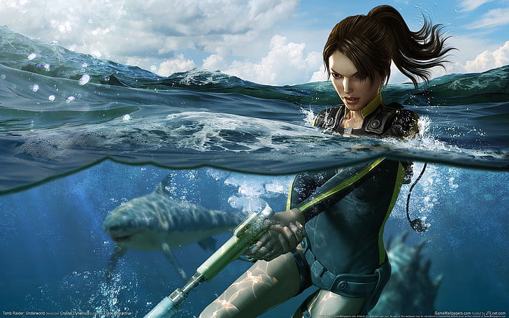 black haired woman illustration, Tomb Raider, shark, split view, Tomb Raider: Underworld, Lara Croft, video games, HD wallpaper