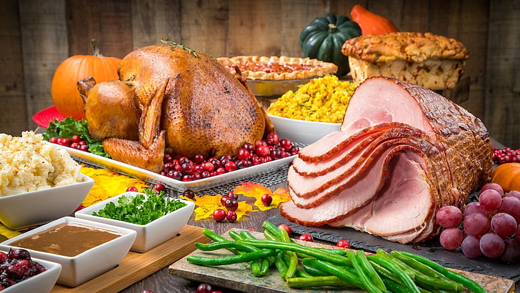 ham, meat, natural foods, meal, thanksgiving dinner, thanksgiving, buffet, cold cut, turkey, HD wallpaper