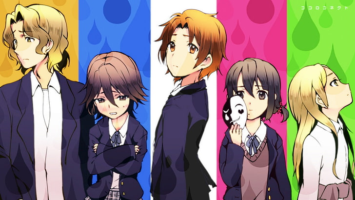 Kokoro Connect, Inaba Himeko, Kiriyama Yui, Nagase Iori, Yaegashi Taichi und Aoki Yoshifumi, HD-Hintergrundbild