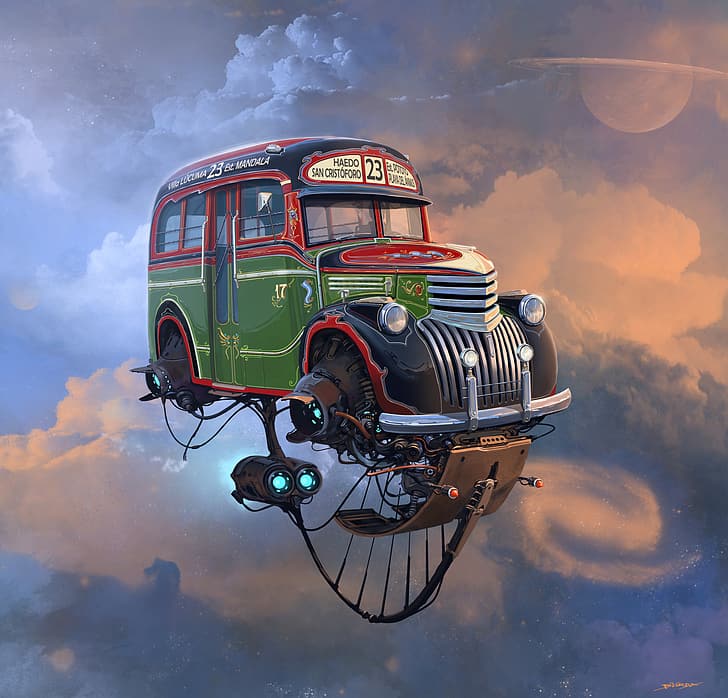 งานศิลปะ ศิลปะดิจิตอล ภาพประกอบ Alejandro Burdisio แนวคิดศิลปะ นิยาย รถประจำทาง รถบิน เมฆ, วอลล์เปเปอร์ HD