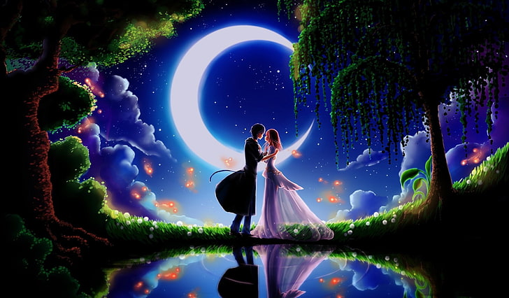 couple standing under tree illustratioin, Anime, Love, Romantic, HD wallpaper
