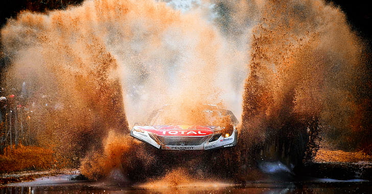 Water, Auto, Sport, Machine, Speed, Dirt, Puddle, Peugeot, Squirt, Lights, Red Bull, Rally, Dakar, SUV, The front, The roads, DKR, 3008, Peugeot 3008 DKR, HD wallpaper