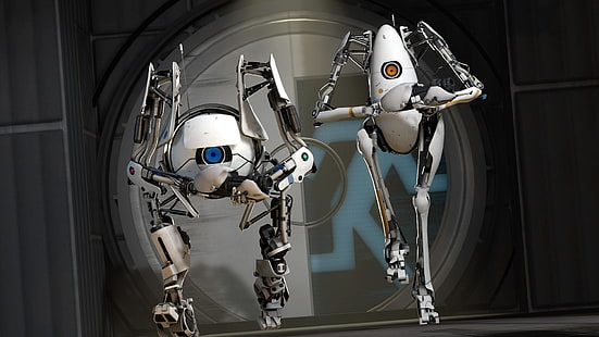 two white robots, Portal 2, Valve Corporation, Aperture Laboratories, video games, HD wallpaper HD wallpaper