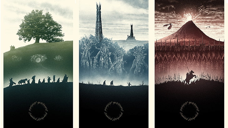 ต้นไม้สีเขียวและภาพตัดปะภูเขาไฟสีน้ำตาล The Lord of the Rings, The Shire, Bag End, Isengard, Mordor, collage, วอลล์เปเปอร์ HD