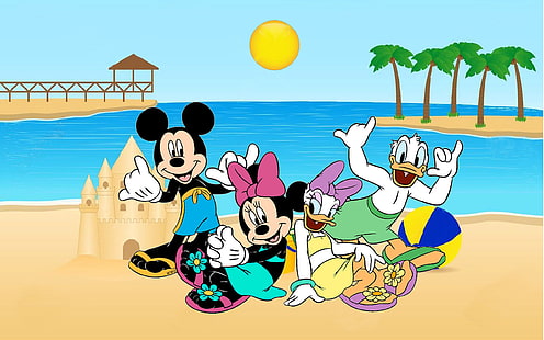 Urlaub zusammen mit den Helden von Disney Mickey Minnie Donald und Daisy am Strand Desktop Hd Wallpaper für Handys Tablet und PC 2560 × 1600, HD-Hintergrundbild HD wallpaper