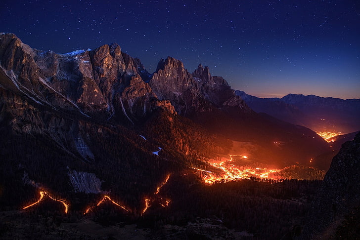 mountain with flowing lava, fire, stars, sky, night, valley, mountains, Alps, lights, HD wallpaper