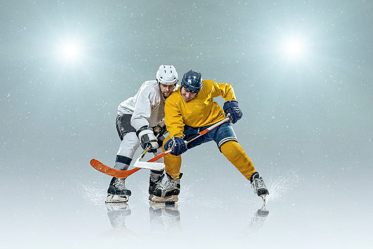 neige, flocons de neige, fond, sport, le jeu, glace, gants, hockey, rondelle, projecteur, patins, chapeaux, joueurs de hockey, bâton, Fond d'écran HD