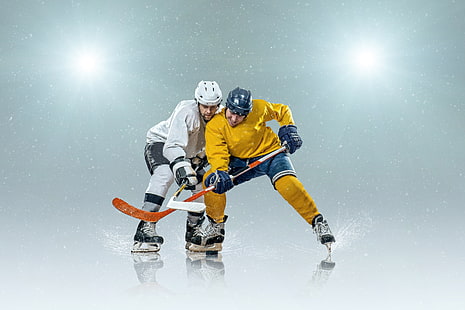  snow, snowflakes, background, sport, the game, ice, gloves, hockey, washer, floodlight, skates, hats, hockey players, stick, HD wallpaper HD wallpaper