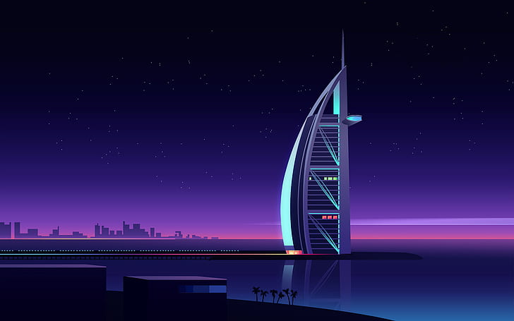 Dubai, Burj Al Arab, edificio, illustrazione, Romain Trystram, Sfondo HD