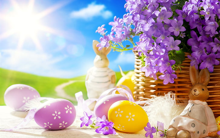 Pascua, primavera, huevos, conejito, flores, ilustración de huevo de Pascua, Pascua, primavera, huevos, conejito, flores, Fondo de pantalla HD