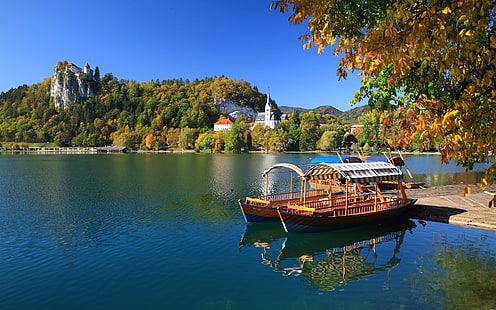 ブレッド湖、スロベニア島、城、教会、ボート、黄色、紅葉、デスクトップ、HD、壁紙、3840×2400、 HDデスクトップの壁紙 HD wallpaper