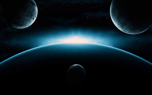 fondo de pantalla digital de planetas, espacio, planeta, ciencia ficción, obra de arte, arte digital, oscuro, azul, Fondo de pantalla HD HD wallpaper