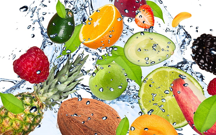clip art de frutas sortidas, fruta, fresco, água, gotas, spray, maçã, abacate, coco, abacaxi, limão, damasco, amora, framboesa, HD papel de parede