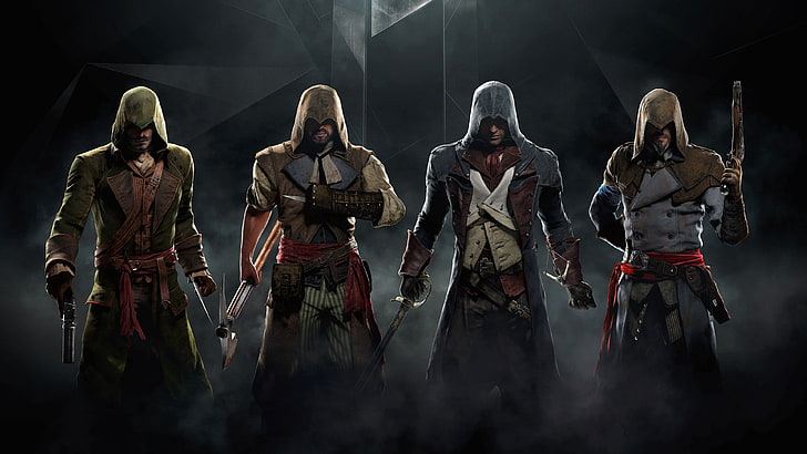 cztery postacie męskie, zdjęcie okładki skrzynki Assassin's Creed, Assassin's Creed, Assassin's Creed: Unity, Arno Dorian, Tapety HD