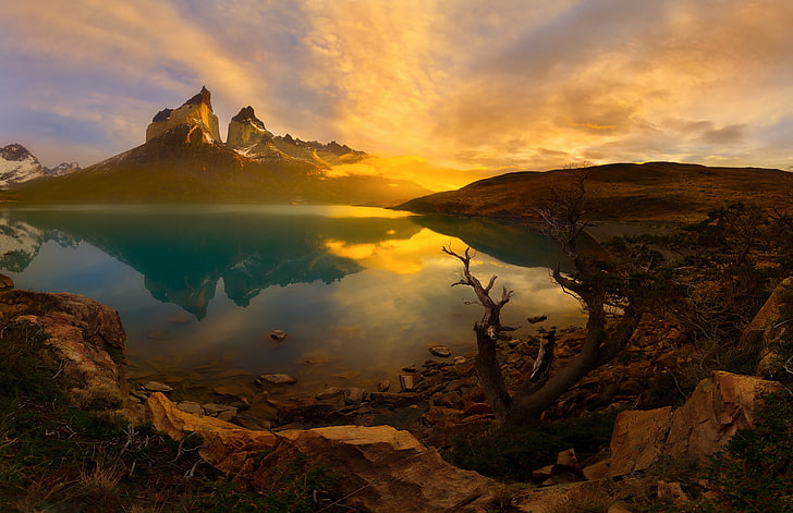 pagi, Chili, Amerika Selatan, Patagonia, pegunungan Andes, Taman Nasional Torres del Paine, Wallpaper HD