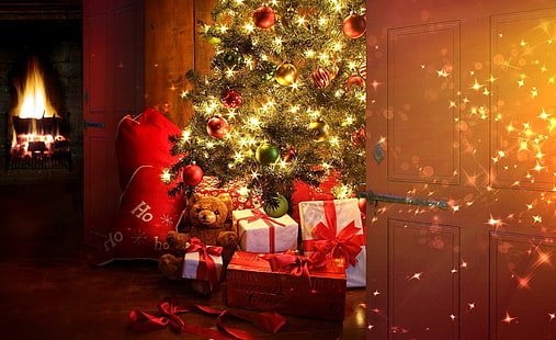нова година, Коледа, дърво, подаръци, камина, врата, осветено коледно дърво с кутии за подаръци, нова година, Коледа, дърво, подаръци, камина, врата, HD тапет HD wallpaper
