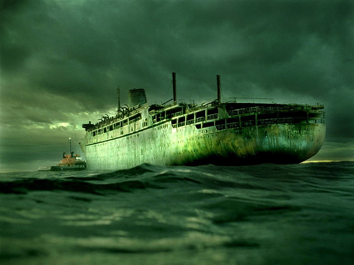 gray ship on body of water, ship, spooky, artwork, ghost ship, HD wallpaper