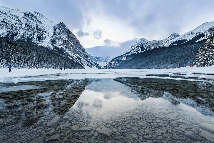 calm body of water with glacier mountain, lake louise, lake louise, Reflections, body of water, glacier, mountain  lake, lake  louise  alberta, banff  canada, mountains, ice, snow, national, geo, fotos, nikon  d600, mountain, nature, winter, landscape, scenics, outdoors, cold - Temperature, HD wallpaper