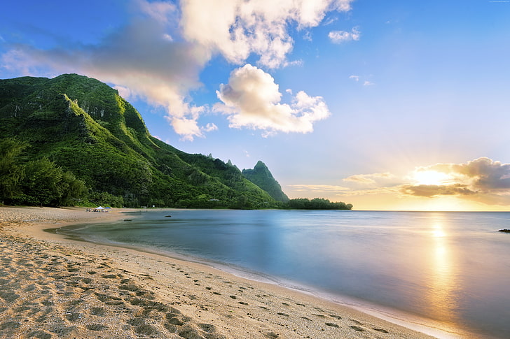 Maui, sahil, Hawaii, 5K, gökyüzü, plaj, okyanus, dağ, HD masaüstü duvar kağıdı