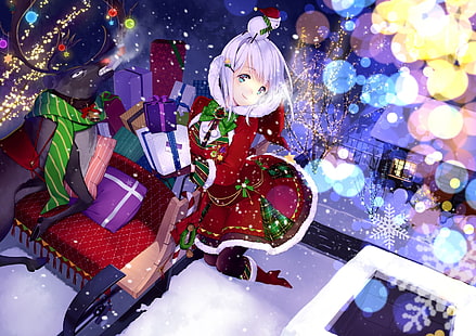 аниме, аниме момичета, костюм на Дядо Коледа, Коледа, оригинални герои, HD тапет HD wallpaper