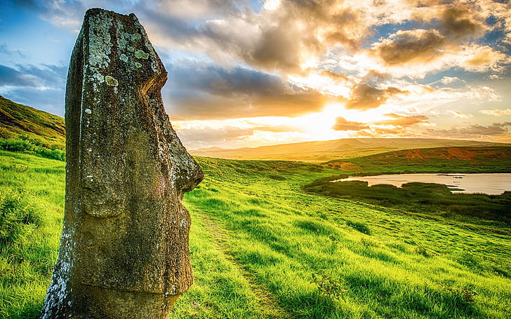 landscape, nature, Moai, Rapa Nui, Easter Island, archeology, statue, sunset, beach, clouds, sea, Chile, grass, enigma, hills, World Heritage Site, HD wallpaper