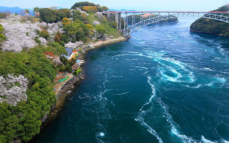 Japan, Küste, Bucht, Brücke, Insel, weiße Stahlbrücke, Japan, Küste, Bucht, Brücke, Insel, HD-Hintergrundbild