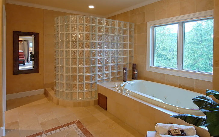 clear glass shower enclosure, design, style, room, interior, bathroom, HD wallpaper