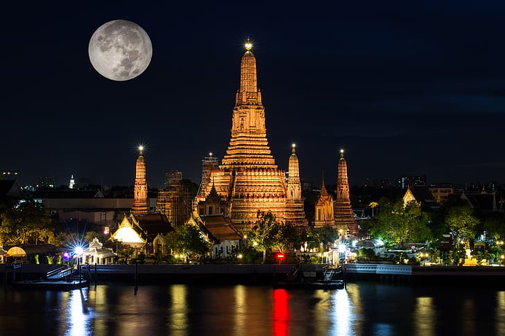 Nacht, Lichter, der Mond, Thailand, Tempel, Bangkok, Wat Arun, HD-Hintergrundbild