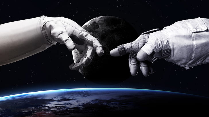 Stars, The moon, The suit, Space, Earth, Costume, Hands, Moon, Art, The Creation of Adam, Suit, Space Suit, Vadim Sadovski, di Vadim Sadovski, Creation, Sfondo HD