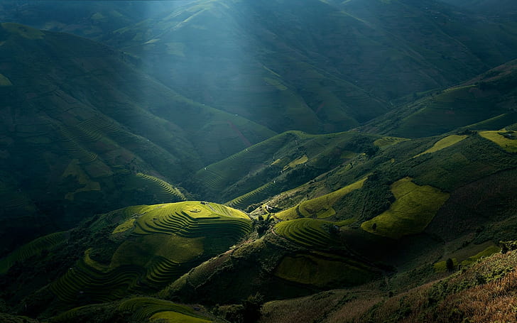 mountain vietnam sunlight landscape sun rays terraces rice paddy nature green valley, HD wallpaper