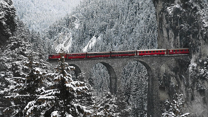 kereta api merah, kereta api, salju, jembatan, Lembah Engadin, Pegunungan Alpen Swiss, Wallpaper HD