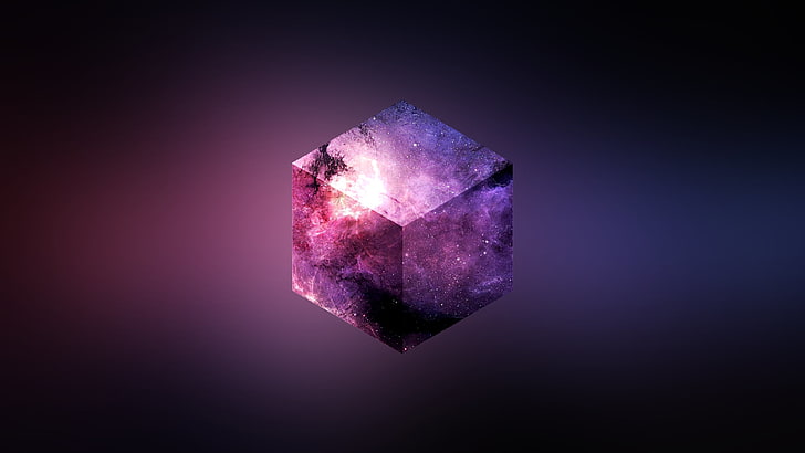 Fondo de pantalla de cubo púrpura y negro, fondo de pantalla digital de cubo púrpura, universo, resumen, cubo, degradado, espacio, arte espacial, arte digital, geometría, hexágono, violeta, púrpura, simple, Fondo de pantalla HD
