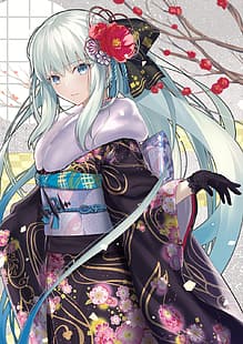 аниме, аниме момичета, Fate series, Fate/Grand Order, Morgan le Fay, японско кимоно, кимоно, японски дрехи, опашка, бяла коса, дълга коса, HD тапет HD wallpaper
