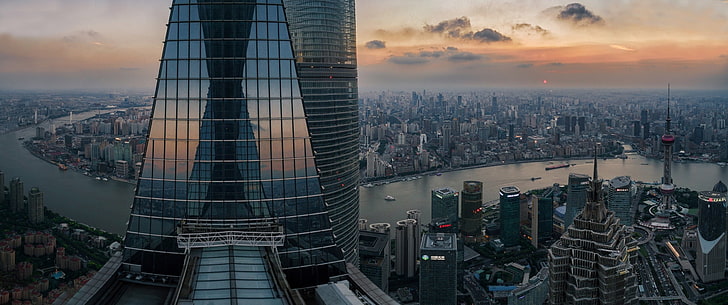 высотное здание, фотография, природа, пейзаж, городской пейзаж, панорама, закат, небоскреб, сталь, стекло, здание, река, вид с воздуха, архитектура, мегаполис, современный, Шанхай, Китай, HD обои