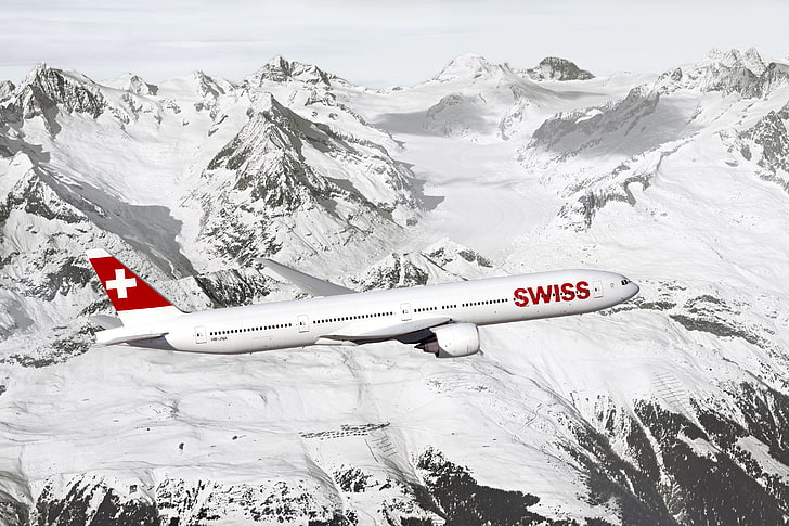белый швейцарский самолет, небо, снег, горы, скалы, двигатель, высота, крыло, Боинг, полет, самолет, небо, самолеты, 300, 777, пассажир, авиалайнер, швейцарец, пассажирский авиалайнер, HD обои