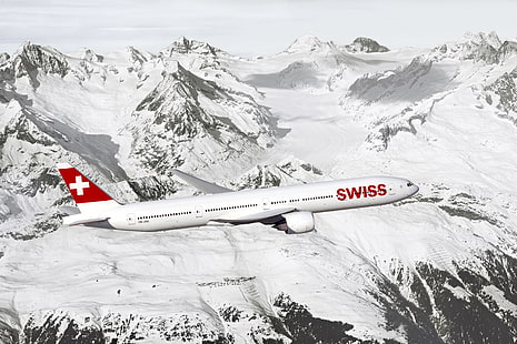 бял швейцарски самолет, небе, сняг, планини, скали, двигател, височина, крило, Boeing, полет, самолет, небе, самолет, 300, 777, пътник, самолет, швейцарец, пътнически самолет, HD тапет HD wallpaper