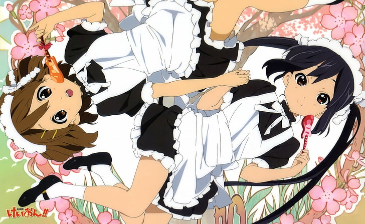 K ON Maid, fondo de pantalla de dos personajes de anime femeninos de pelo negro y marrón, artístico, Anime, mucama, Fondo de pantalla HD