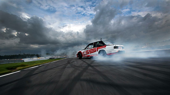 BMW E30 drift, white-and-red stock car, cars, 1920x1080, bmw e30, drift, HD wallpaper HD wallpaper