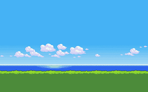 arte digital pixel art píxeles pixelado naturaleza paisaje agua nubes cielo horizonte simple, Fondo de pantalla HD HD wallpaper