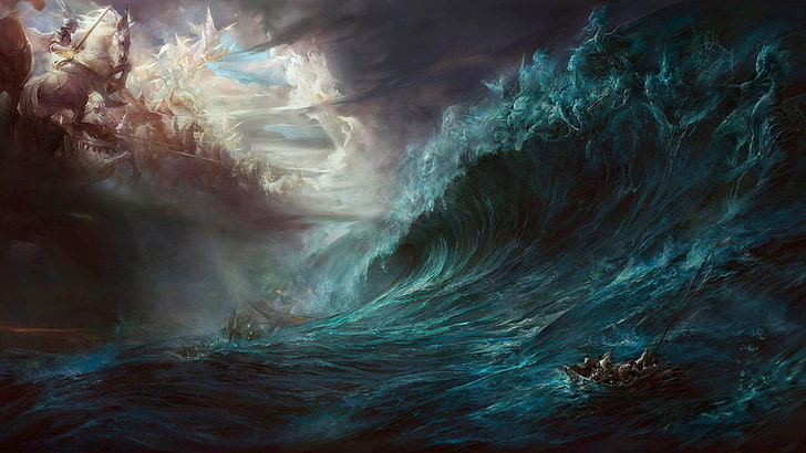 fantasía océano nubes paisajes olas tormenta barcos gente fantasía arte caballos caballito de mar rayos de sol 192 Animales Caballos HD Art, fantasía, océano, Fondo de pantalla HD