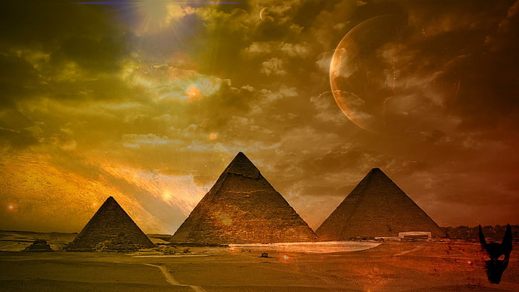piramid, pharaon, yellow, orange, dark, sun, moon, space, history, ancient, god, life, HD wallpaper