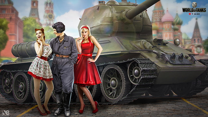 girls, figure, two, art, tank, Moscow, The Kremlin, USSR, Red square, tanker, Soviet, average, World of Tanks, T-34-85, Nikita Bolyakov, HD wallpaper